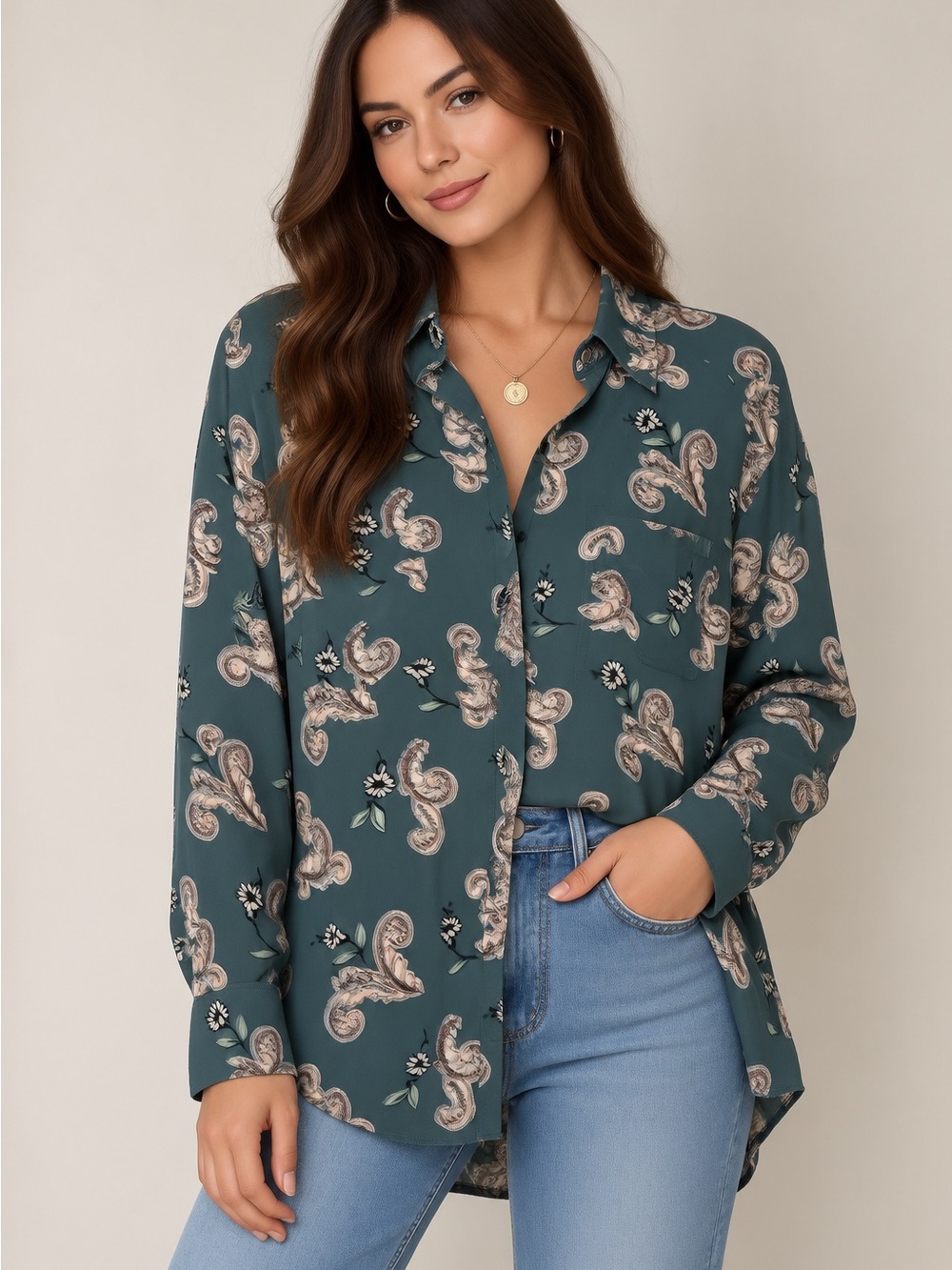 LOFT Button-Front Paisley Print Blouse in Teal